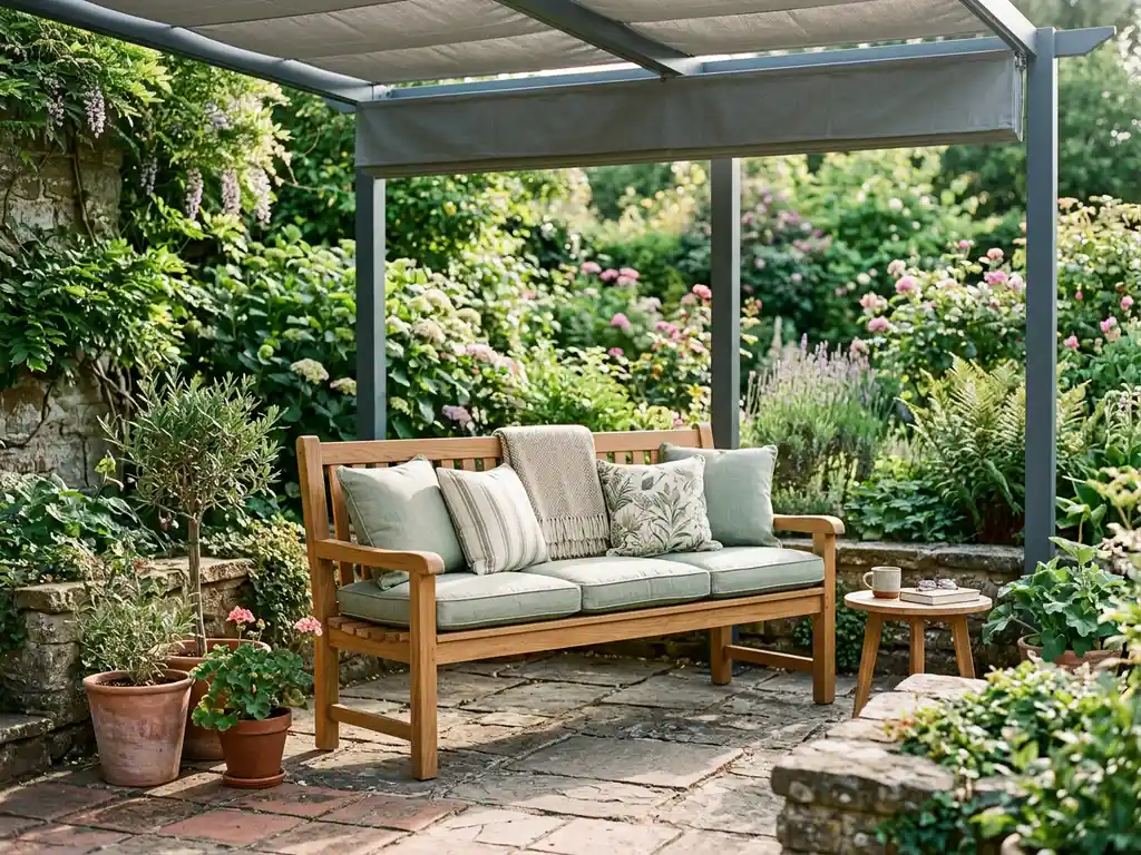 Houten tuinbank met dikke kussens op een zonnig stenen terras onder een aluminium pergola, omgeven door weelderig groen.