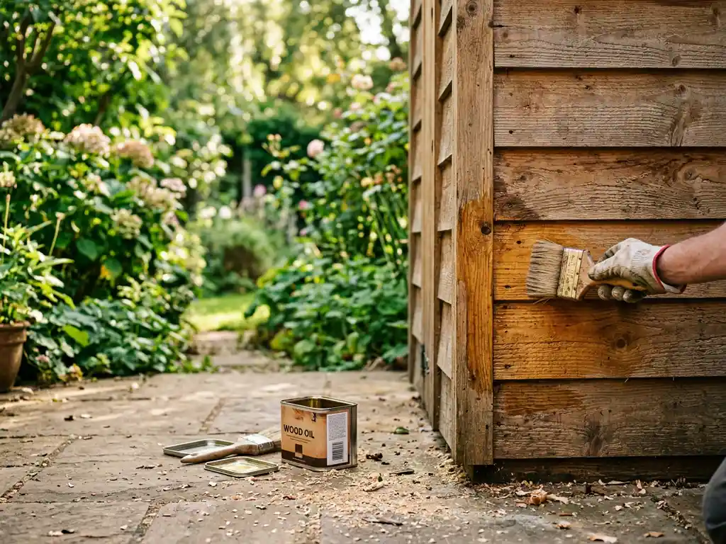 Houten tuinkamer met honingbruine planken behandeld met houtbeschermingsolie via een natuurlijke borstel, zaagsel op stenen terras, groene tuin op achtergrond.