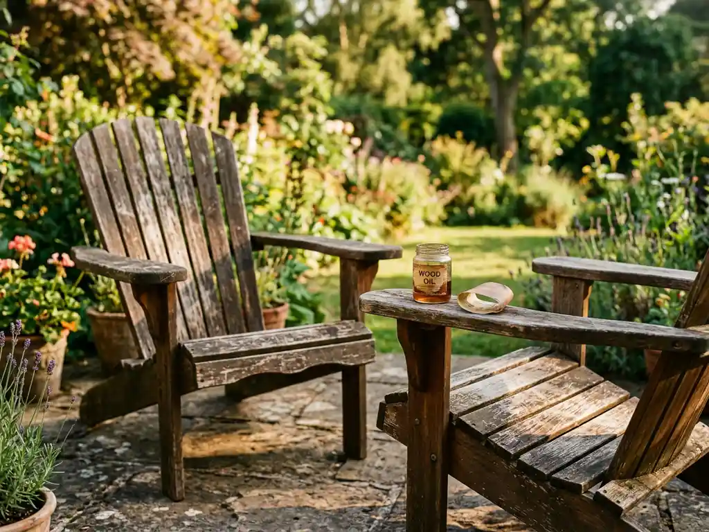 Verweerde houten tuinstoelen worden gerestaureerd met houtnolie en schuurpapier op een zonnig terras, weelderige tuin op de achtergrond.