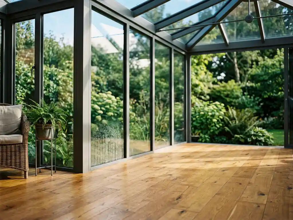 Houten eiken vloer in een zonnige glazen serre met aluminium frame, zachte middagzon en groene tuin op de achtergrond.