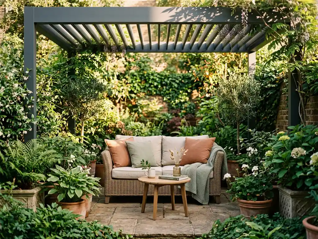 Compacte loungeset met pluche kussens op een kleine tuinpatio onder aluminium pergola met gefilterd middaglicht en potplanten.