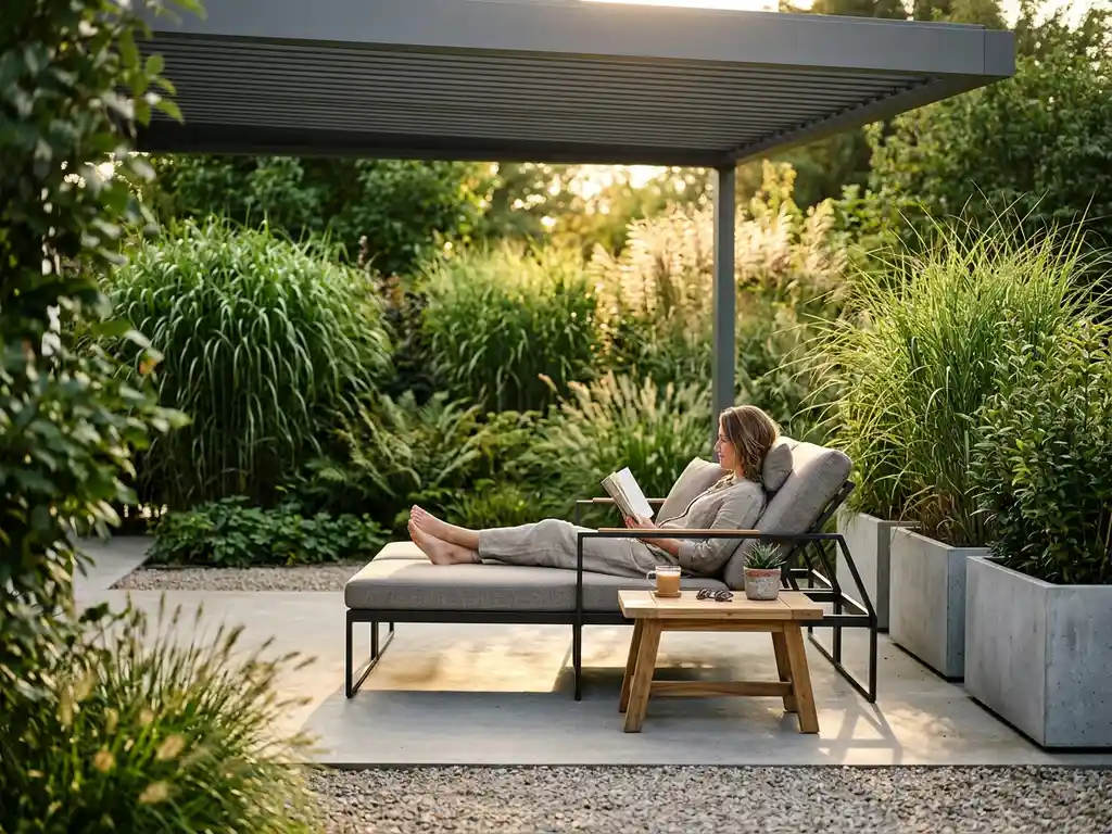Minimalistische tuinstoel en teakhouten bijzettafel onder aluminium veranda, omgeven door siergras en betonnen plantenbakken in gouden middaglicht.