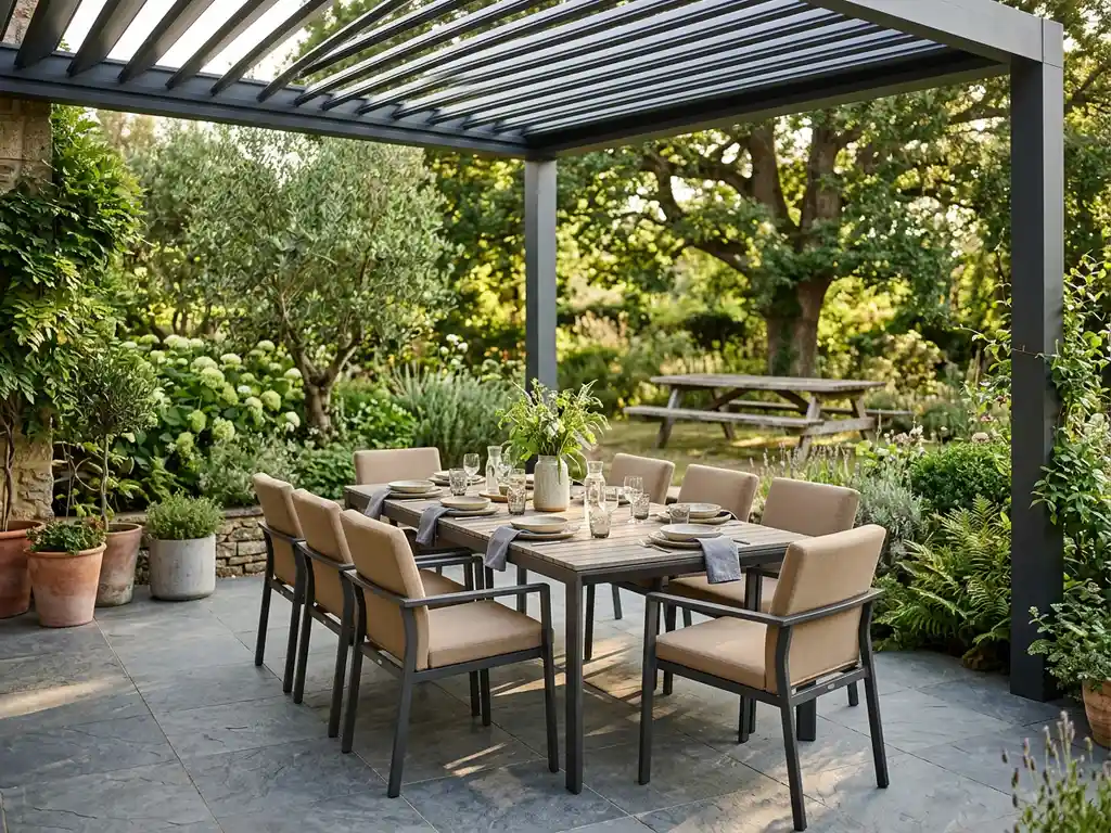 Moderne buiteneethoek met kussenstoelen op een zonnig terras onder een aluminium pergola, omgeven door weelderig groen.