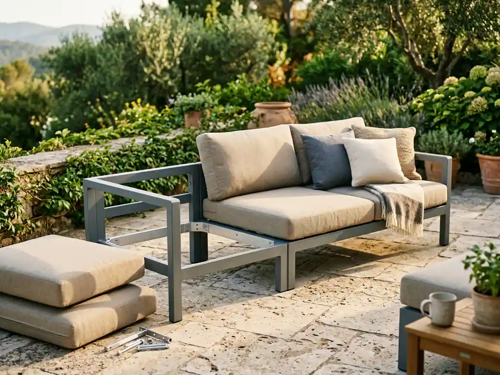 Modulaire buitenbank met weerbestendige kussens en aluminium verbindingen op een zonnig terras, omgeven door weelderige tuinplanten.