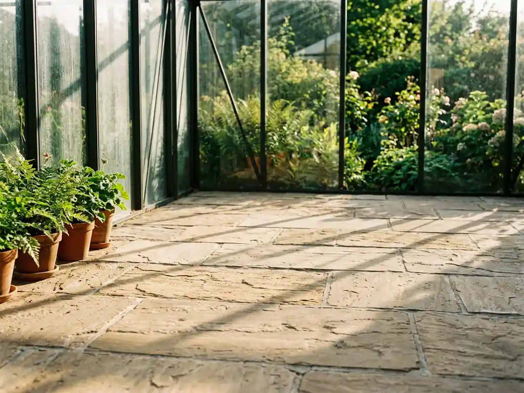 Natuurstenen vloertegels in een serre met warme middaglichtstralen door aluminium kozijnen en zicht op een groene tuin.