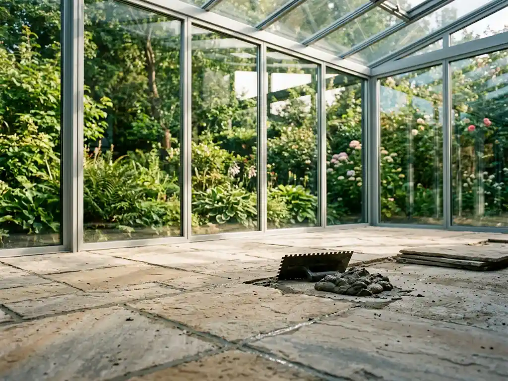 Natuurstenen tegelvloer in aanbouw in glazen serre, met troffel en tegellijm op het oppervlak en zonnige tuin op de achtergrond.
