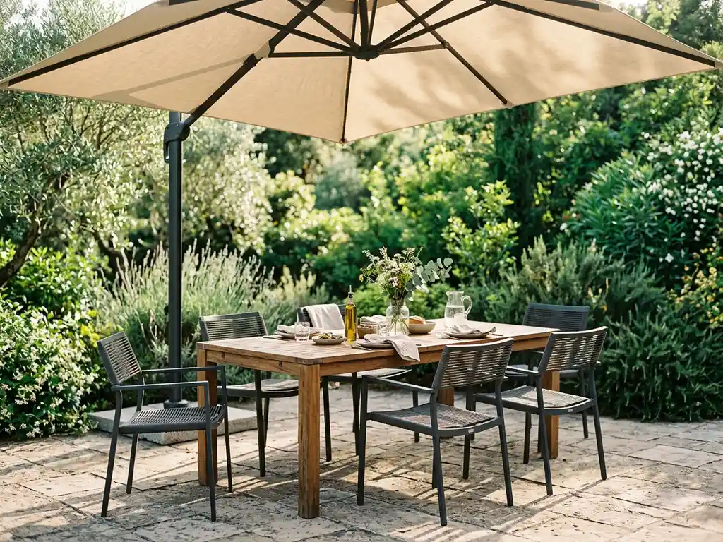 Kantelende parasol boven moderne tuinset met aluminium stoelen en teakhouten tafel op stenen terras in groene tuin.