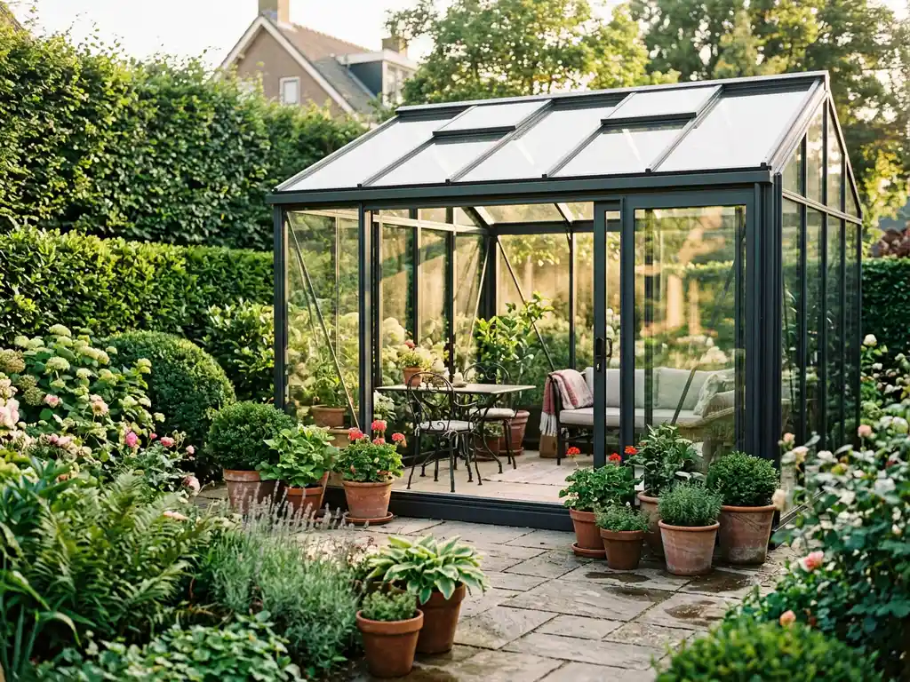 Prefab glazen serre met aluminium frame in zonnige Nederlandse tuin, omgeven door groene hagen en terracotta plantenpotten op een stenen patio.