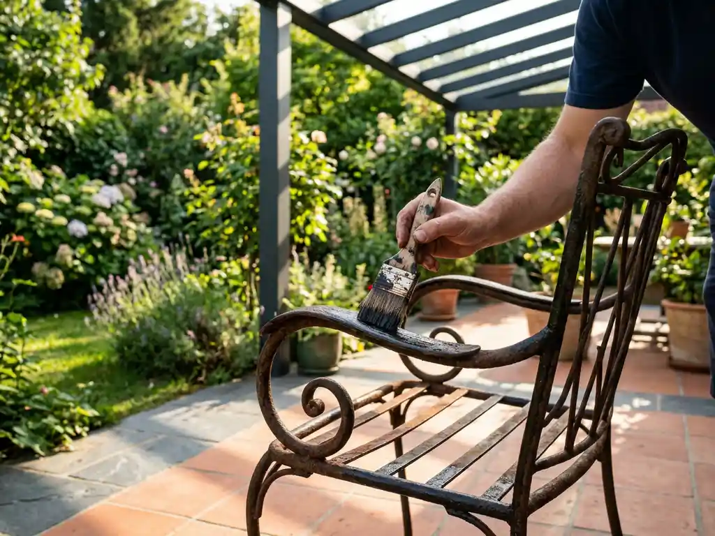 Verweerd ijzeren tuinmeubilair behandeld met roestwerende coating, kwast op de armleuning, zonnig terras met aluminium pergola op de achtergrond.