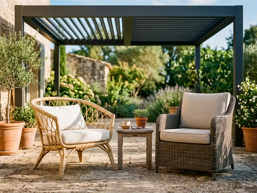 Twee tuinstoelen naast elkaar op een zonnig terras: één van natuurlijk riet, één van synthetisch wicker, onder een aluminium pergola.