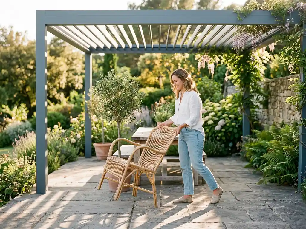 Lichte rotan tuinstoel die wordt verplaatst op een zonnig terras onder een aluminium pergola, met weelderig groen op de achtergrond.