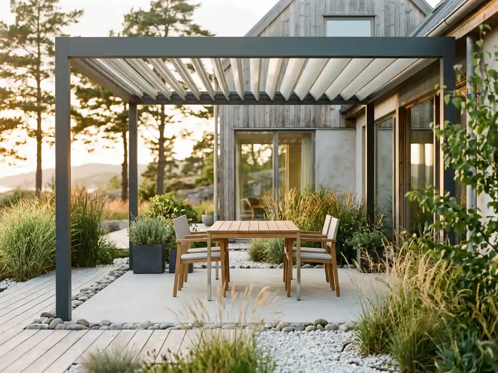 Scandinavische tuinterras met teakhouten eettafel en stoelen onder aluminium pergola, omgeven door siergras en witte kiezelstenen in zachte middagzon.