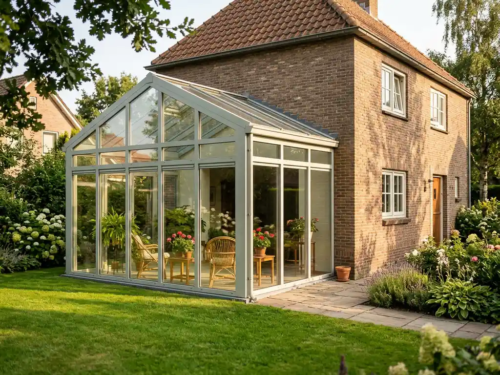Glazen serre en bakstenen aanbouw aan Nederlandse woning, omgeven door weelderige tuin in warm middagzonlicht.