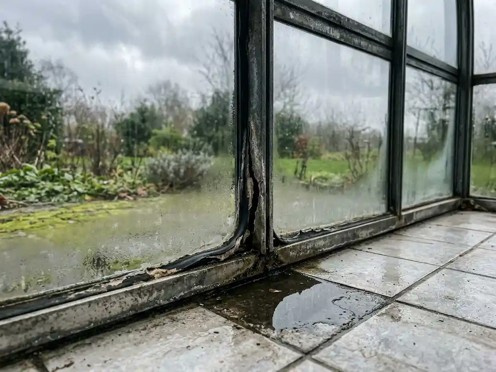 Beschadigde aluminium sponning van een glazen serre met condensatie op de ruiten, regenwater op de tegelvloer en bewolkte lucht.