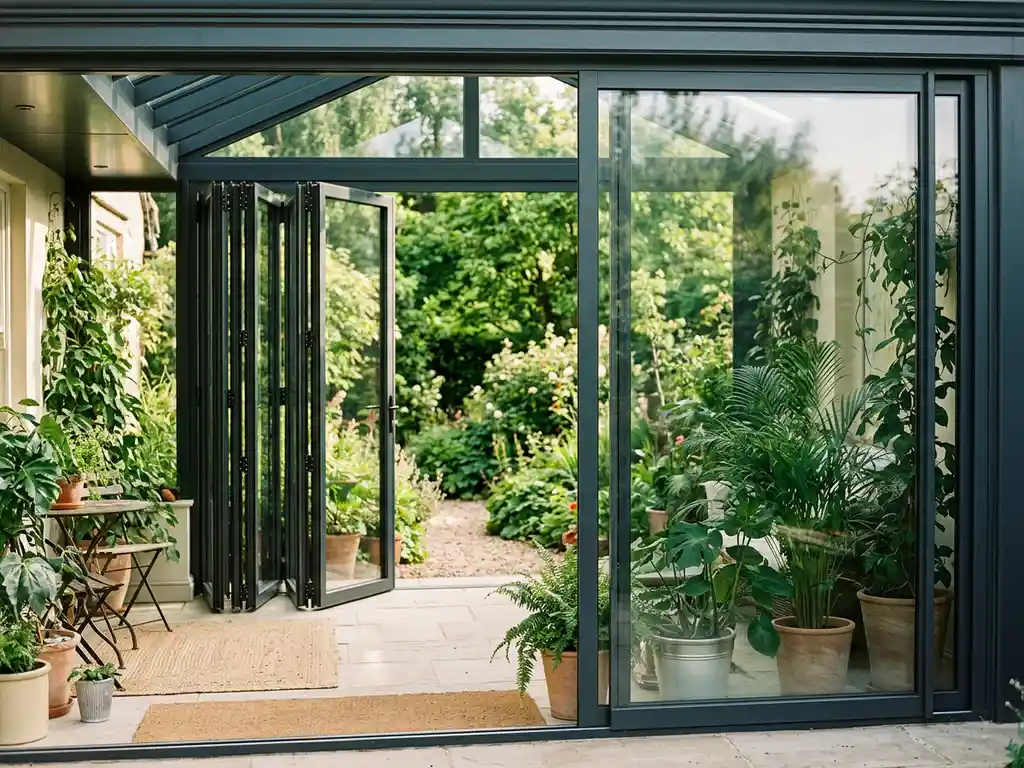 Glazen serre met half geopend aluminium vouwwand en gesloten schuifwand, zicht op weelderige tuin in middagzon.