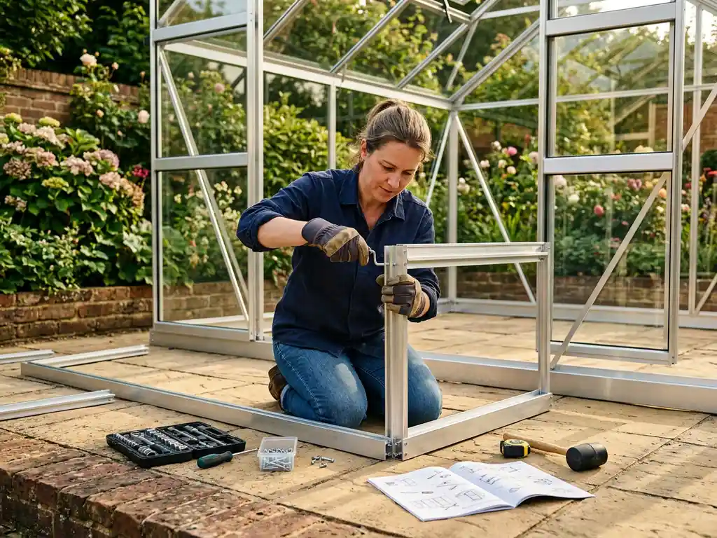 Huiseigenaar met werkhandschoenen monteert aluminium serreframe op zonnig terras, gereedschap en instructies verspreid op de grond.