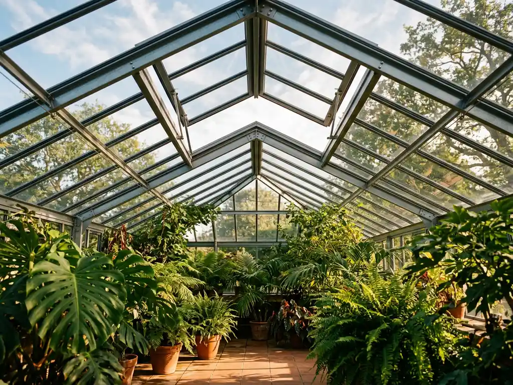 Glazen serre met open daklicht, goudgeel zonlicht valt op weelderige kamerplanten en terracotta tegels, aluminium kozijn details.