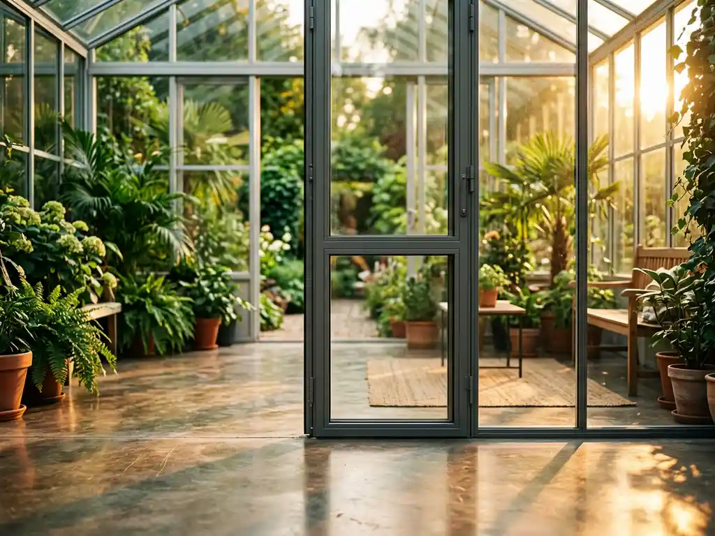 Glazen serre met aluminium kozijnen en dubbelglas, warme middagzon weerkaatst op betonnen vloer, weelderige tuin zichtbaar.