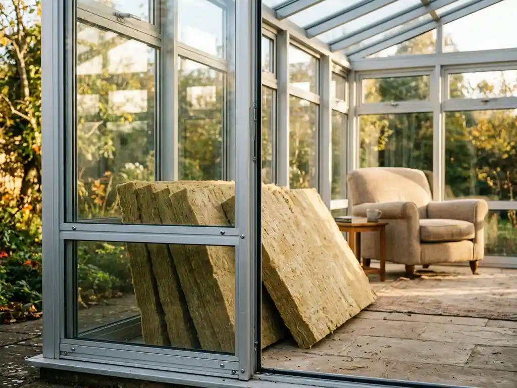 Minerale wol isolatiepanelen tegen glazen wand in zonnige serre met aluminium kozijnen en fauteuil op de achtergrond.