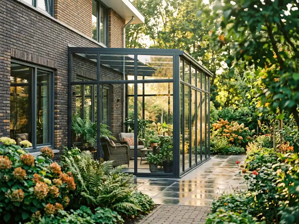 Glazen serre aanbouw aan moderne Nederlandse bakstenen woning met aluminium kozijnen, weelderige tuin en gouden middagzon op stenen terras.