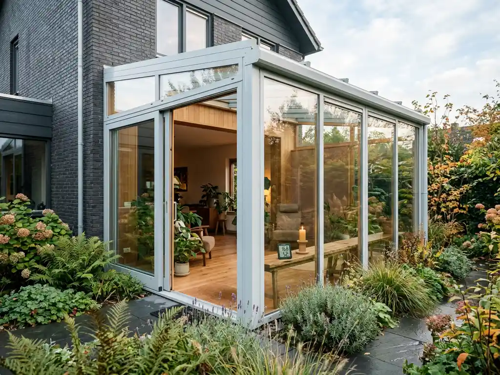 Glazen serre aan moderne Nederlandse woning met aluminium kozijnen, digitale thermometer en kaars op houten vensterbank, groene tuin op achtergrond.