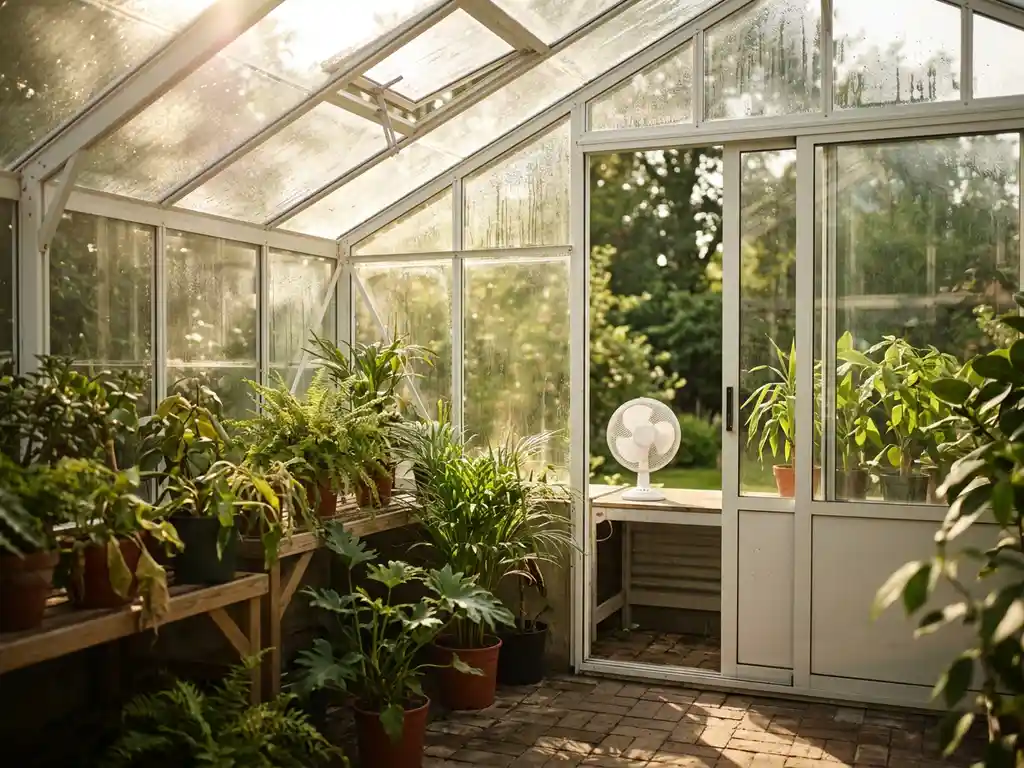 Glazen serre met open dakraam, condensdruppels op verwarmde glaswanden, kleine ventilator en weelderige groene kamerplanten in zacht middaglicht.