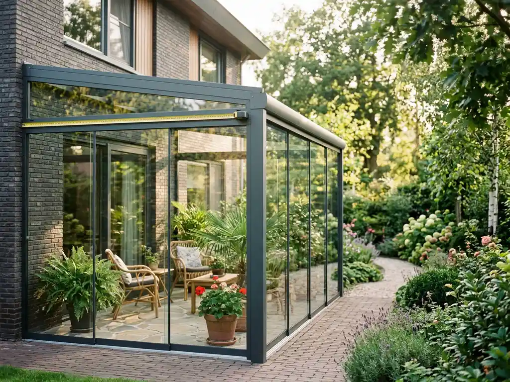 Glazen serre aan moderne Nederlandse woning met aluminium frame, meetlint op de rand, weelderige tuin op de achtergrond in zacht middaglicht.