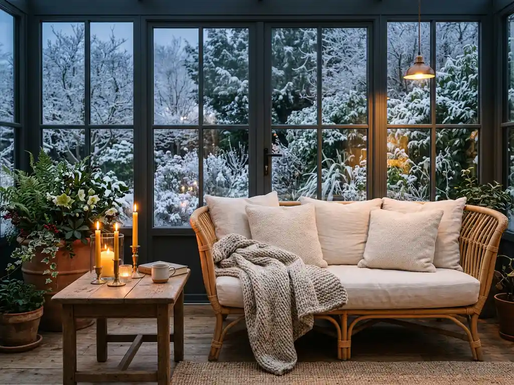 Gezellige winterconservatory met rotan bank, crème kussens en gebreide deken, kaarsen op houten bijzettafel, berijpte tuin zichtbaar door aluminium glaspanelen.
