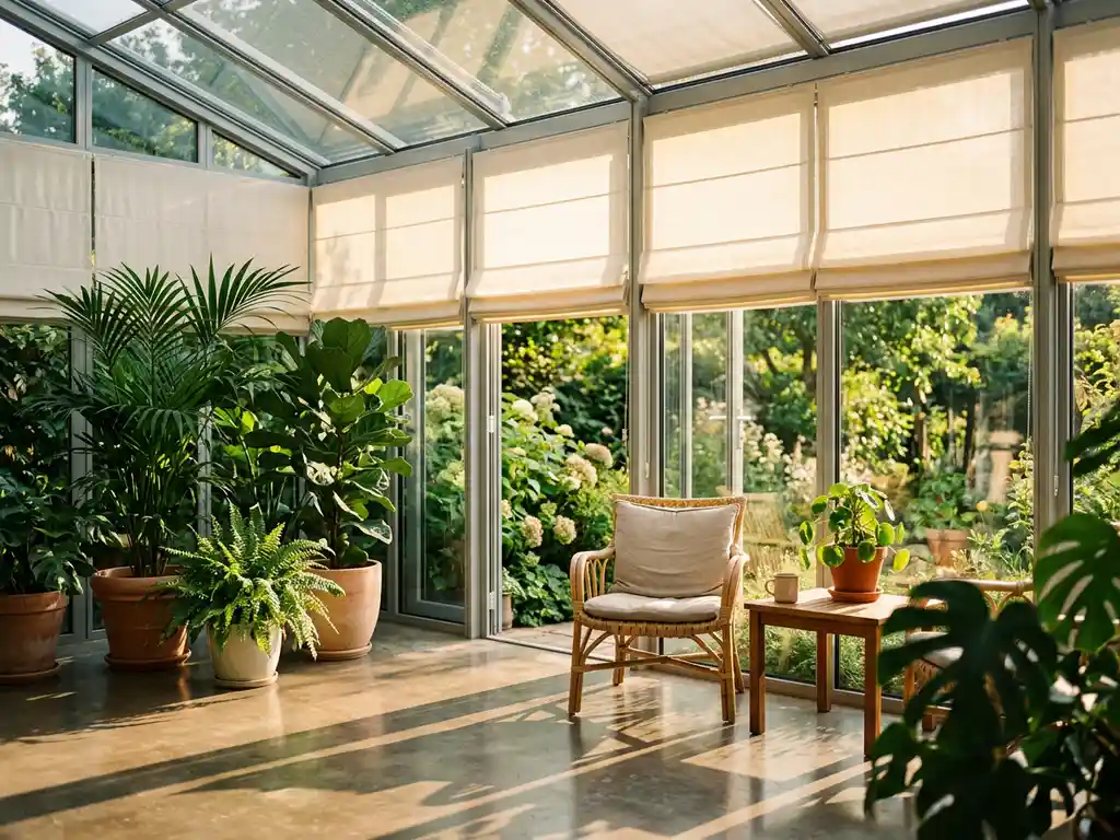 Serre-interieur met crème rolgordijnen die warm middaglicht filteren, betonnen vloer en groene kamerplanten met aluminium kozijndetails.