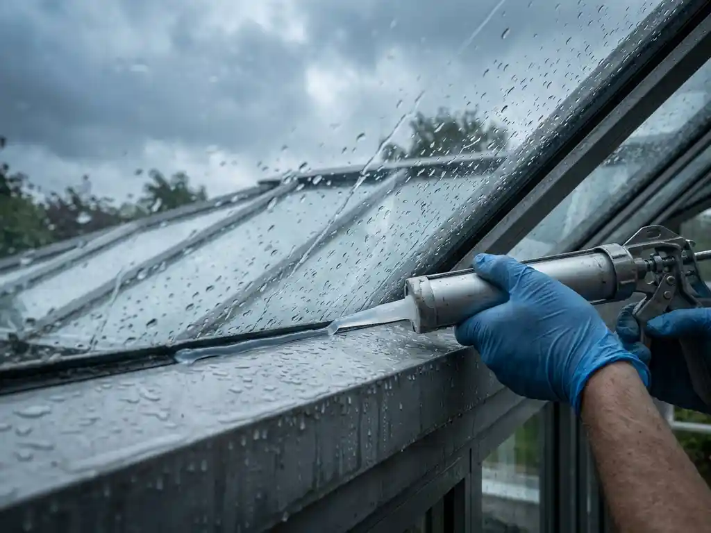 Gehandschoende hand die siliconen kit aanbrengt op een nat glazen serre-dakpaneel met regendruppels en aluminium kozijn.