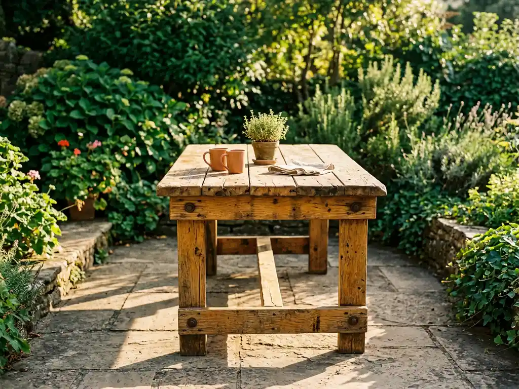 Verweerde steigerhout tuintafel met zichtbare nerven en boutdetails op een zonnig stenen terras, omgeven door weelderig groen.
