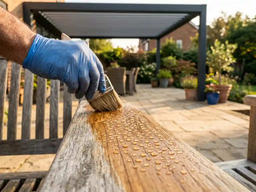 Verweerde teakhouten tuinstoel ingesmeerd met transparante waterdichtende sealant, waterdruppels parelen op de houtnerf in warm middaglicht.