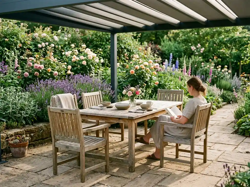 Verweerde teakhouten tuintafel met stoelen op natuurstenen terras, omgeven door lavendel en rozen onder aluminium pergola in middagzon.