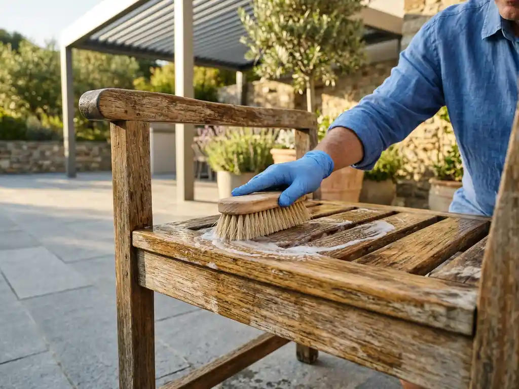 Verweerde teakhouten tuinstoel die met een zachte borstel en zeepwater wordt gereinigd, zonnig terras met aluminium pergola op achtergrond.