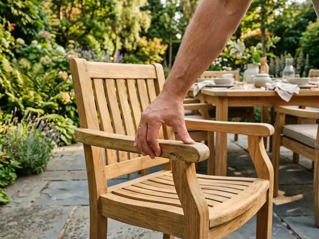 Hand die de stevigheid van een teakhouten tuinstoel test op een zonnig stenen terras met weelderig groen op de achtergrond.