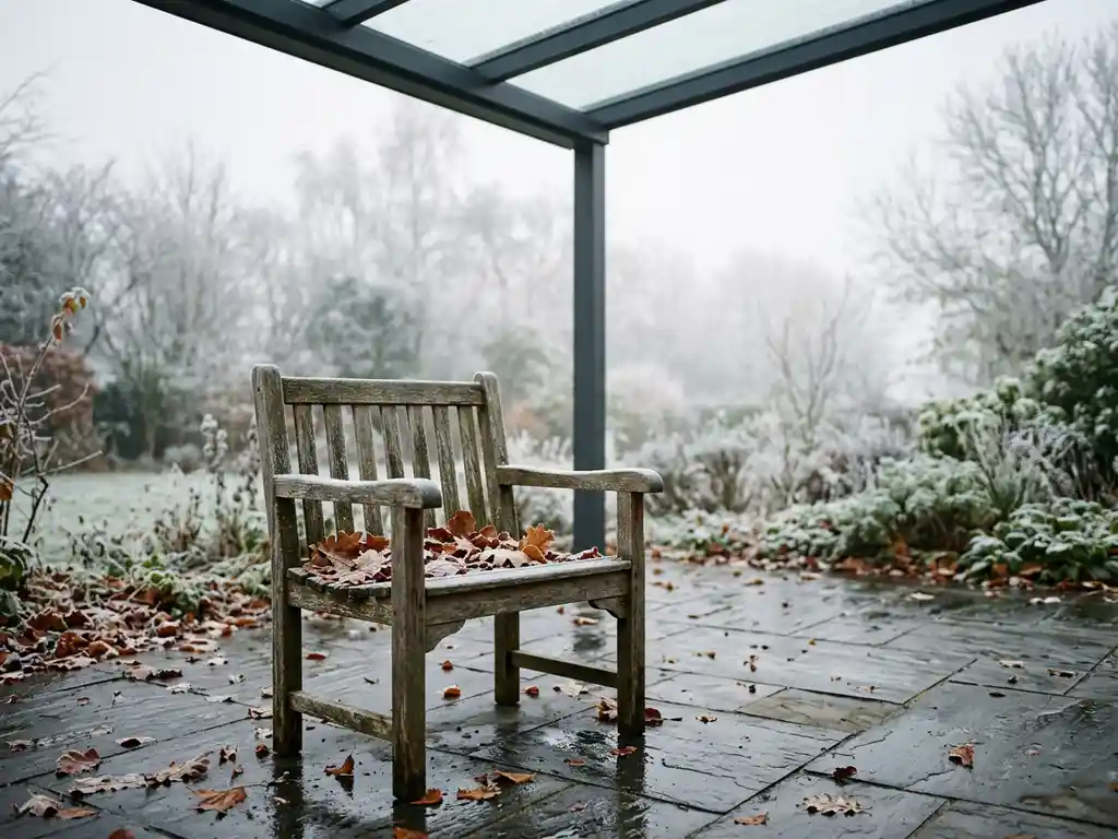 Verweerde teakhouten tuinstoel met rijp en herfstbladeren op nat stenen terras onder aluminium veranda, winterse ochtendmist op achtergrond.