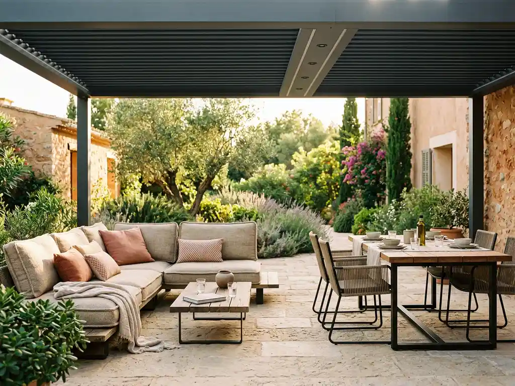 Loungebank met diepe kussens en eettafel op zonnig stenen terras onder modern aluminium pergola, omringd door weelderige tuin.