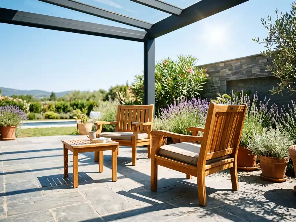 Teakhouten tuinstoelen en bijzettafel op stenen terras onder aluminium overkapping, beschermd tegen felle zomerse zon, lavendel op de achtergrond.