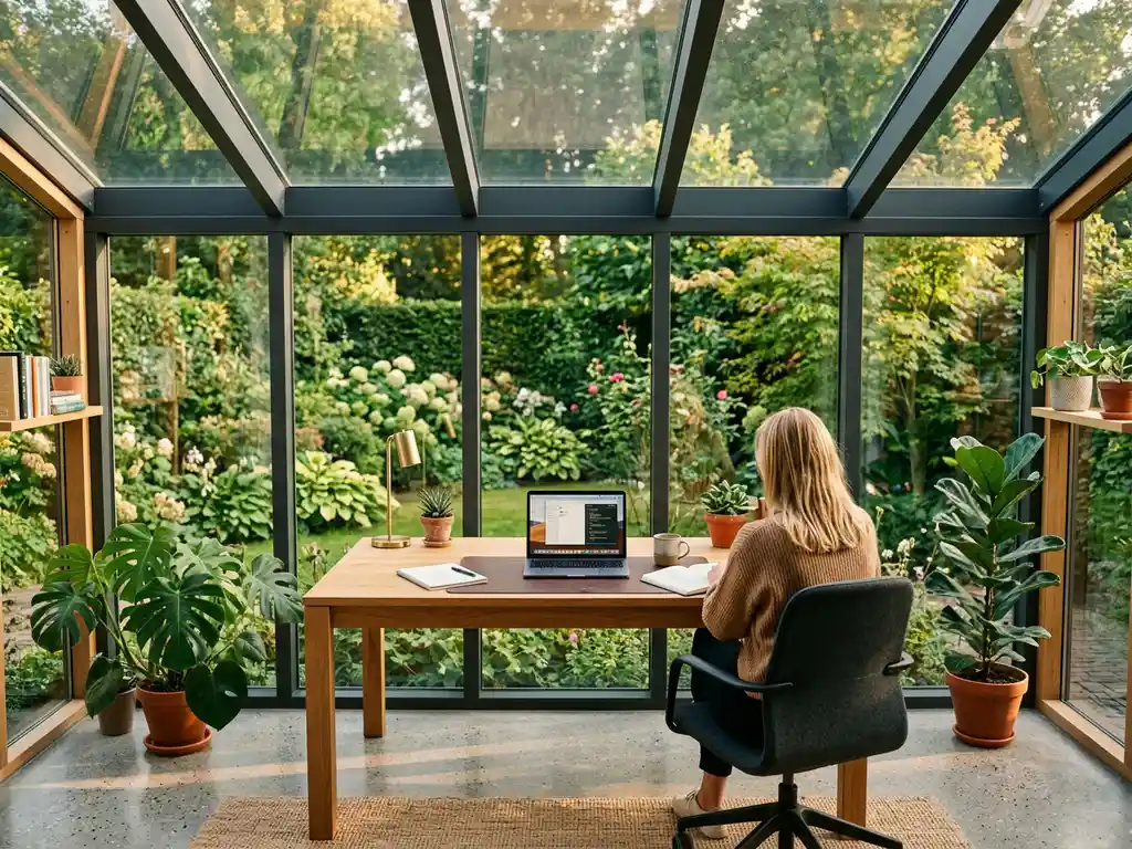Glazen tuinkamer ingericht als thuiskantoor met houten bureau en laptop, omgeven door een weelderige Nederlandse tuin in middagzon.