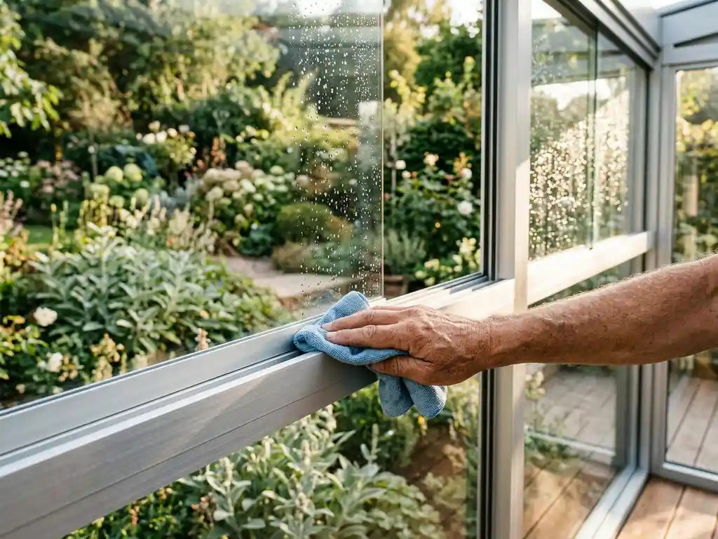Vakman reinigt aluminium tuinkamer frame met microvezeldoek, waterdruppels glinsteren in middagzon op glazen panelen.