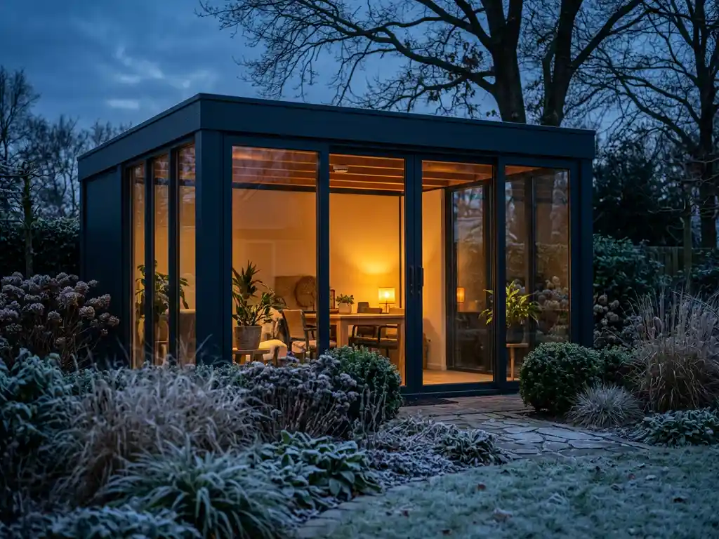 Aluminium tuinkamer met grote glazen schuifpanelen en warm interieurlicht in een Nederlandse tuin bij schemering, berijpt gras op de voorgrond.