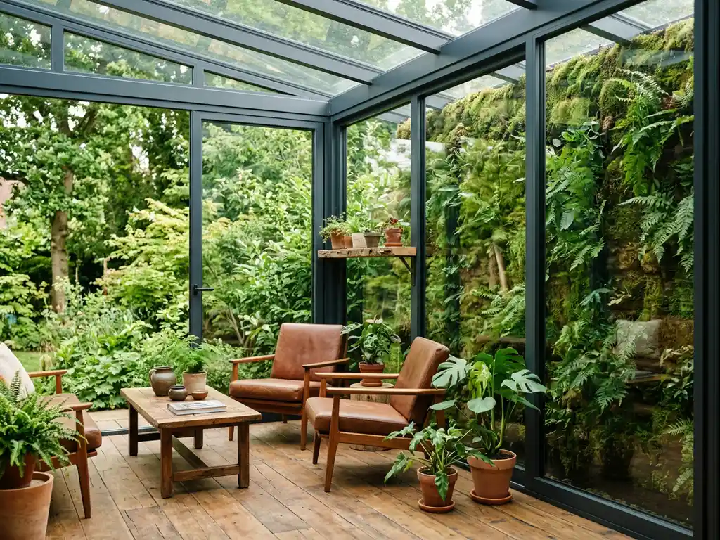 Serre met aluminium frame en glazen panelen, omgeven door weelderige planten, mosgroene living wall en accenten van sloophout.