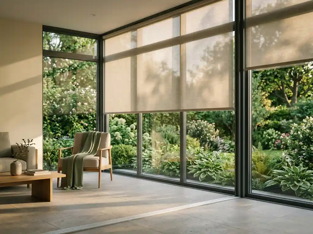 Aluminium tuinkamer met halfgeopende rolgordijnen, gefilterd middaglicht door frosted panelen en zicht op groene tuin.