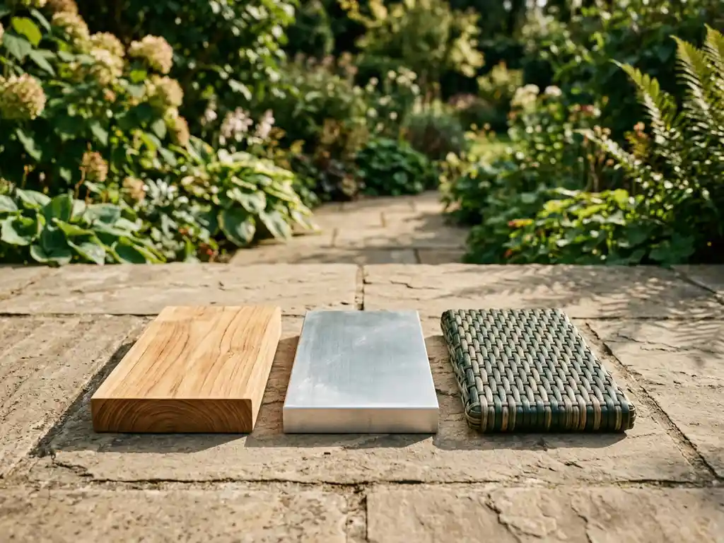 Drie tuinmeubelstalen — teakhout, geborsteld aluminium en gevlochten rattan — naast elkaar op een zonnig stenen terras.