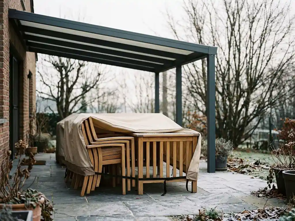Houten tuinstoelen en teakhouten tafel afgedekt met beige beschermhoezen onder aluminium terrasoverkapping in de winter.
