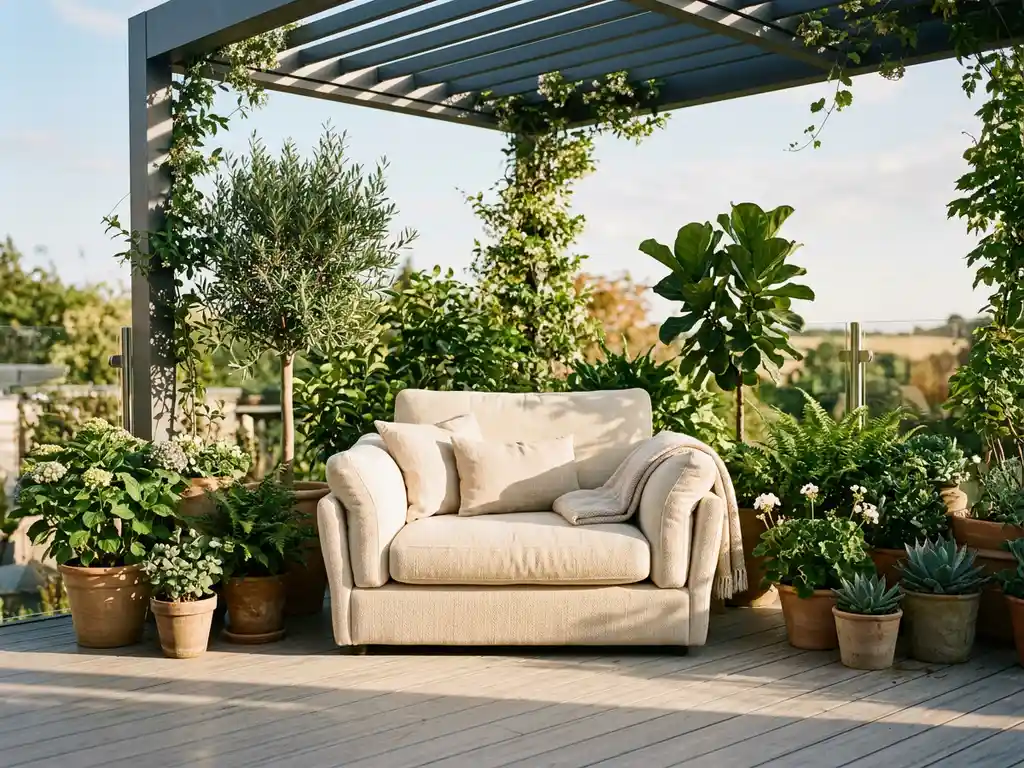 Brede tuinstoel met dikke kussens en armleuningen op een zonnig terras onder aluminium pergola, omringd door groene potplanten.