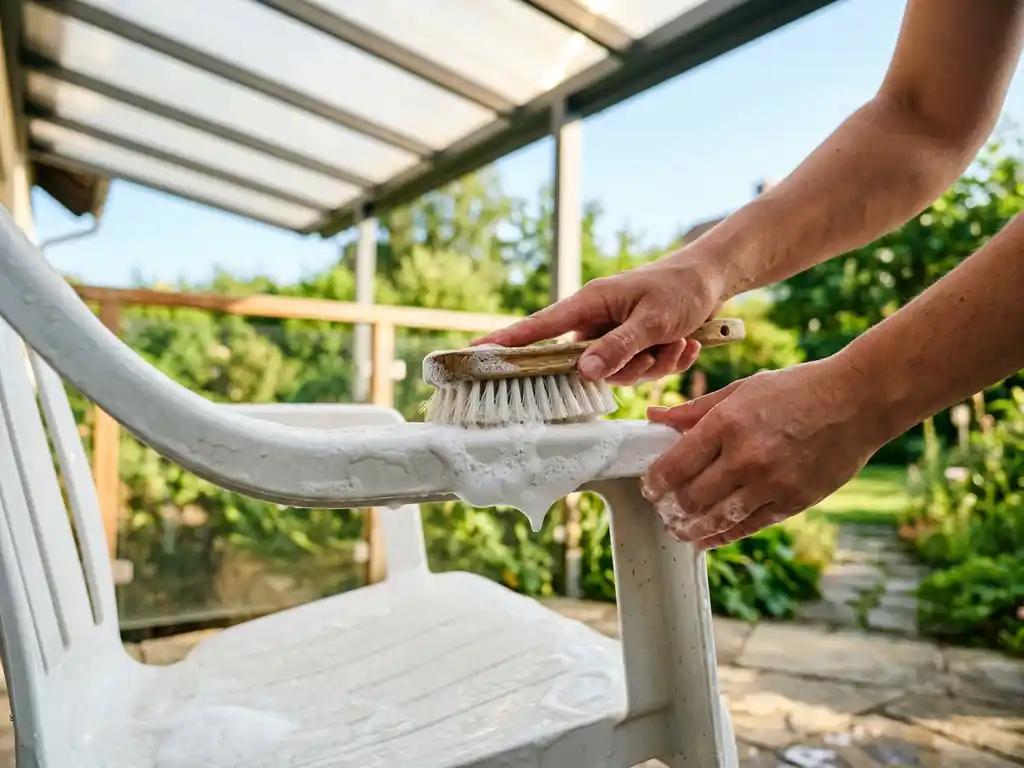 Handen die een witte plastic tuinstoel schoonborstelen met zeepsop op een zonnig terras onder een aluminium overkapping.