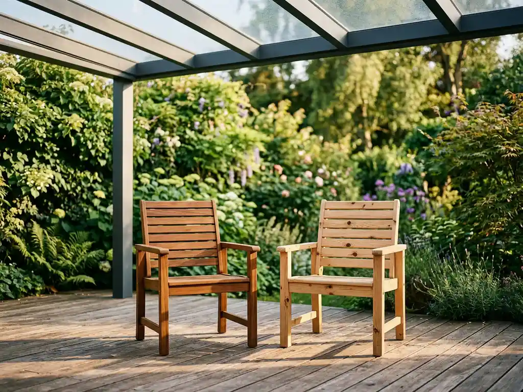 Twee tuinstoelen op een zonnig terras: donker teakhout naast licht grenenhout, onder een aluminium overkapping met groene tuinachtergrond.