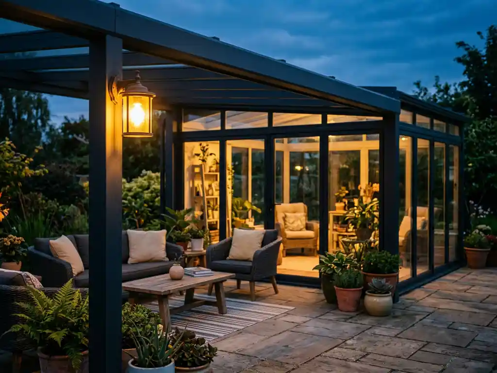 Wandlantaarn met gouden gloed verlicht een aluminium veranda met glazen tuinkamer in de schemering, donker antraciet frame en sfeervolle buitenmeubelen.
