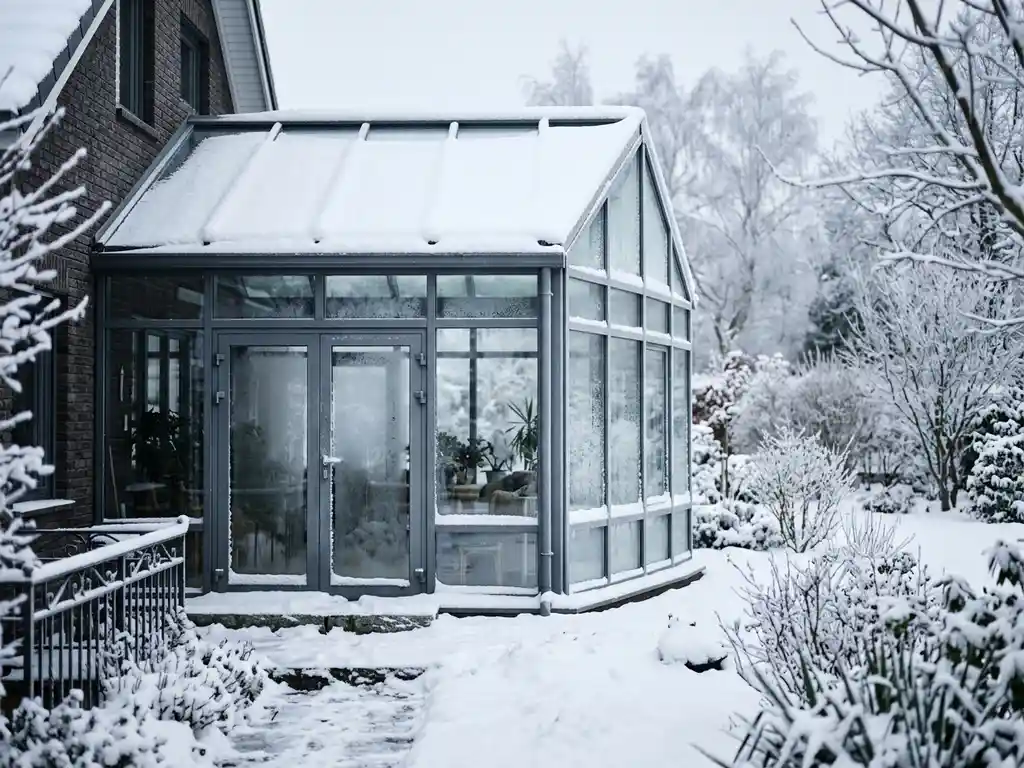 Glazen tuinkamer met dik sneeuwdek op het dak, aluminium frame in winterlicht, bevroren tuin op de achtergrond.